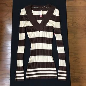 Brown and white V neck sweater.